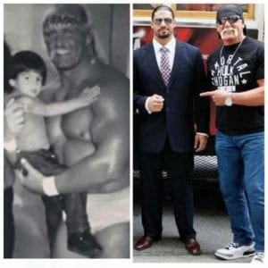 Roman Reigns as a kid with Hulk Hogan and Roman Reigns as a grown up man with Hulk Hogan