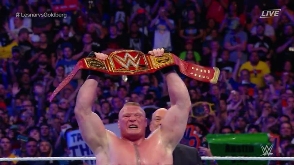 Brock Lesnar defeats Goldberg to win the WWE Universal Championship at WrestleMania 33