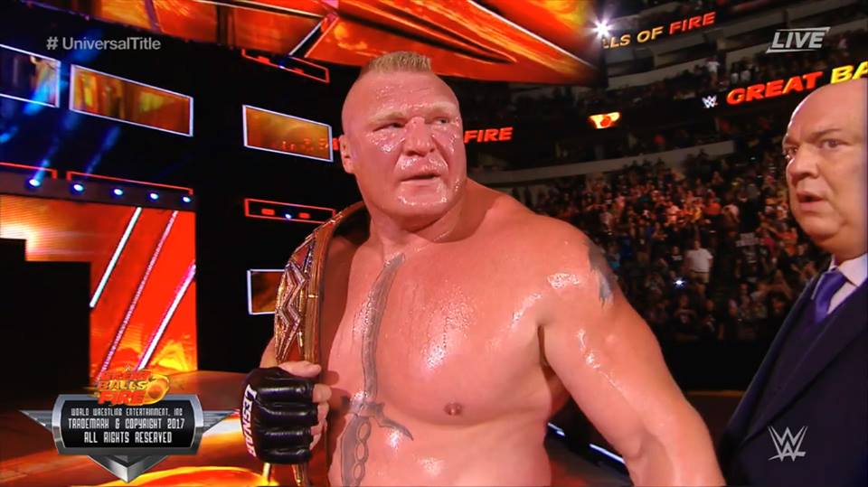 Brock Lesnar defeats Samoa Joe and retains the Universal Title at the Great Balls of Fire 2017 PPV