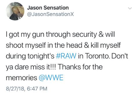 Jason Sensation Threatens To Kill Himself On RAW