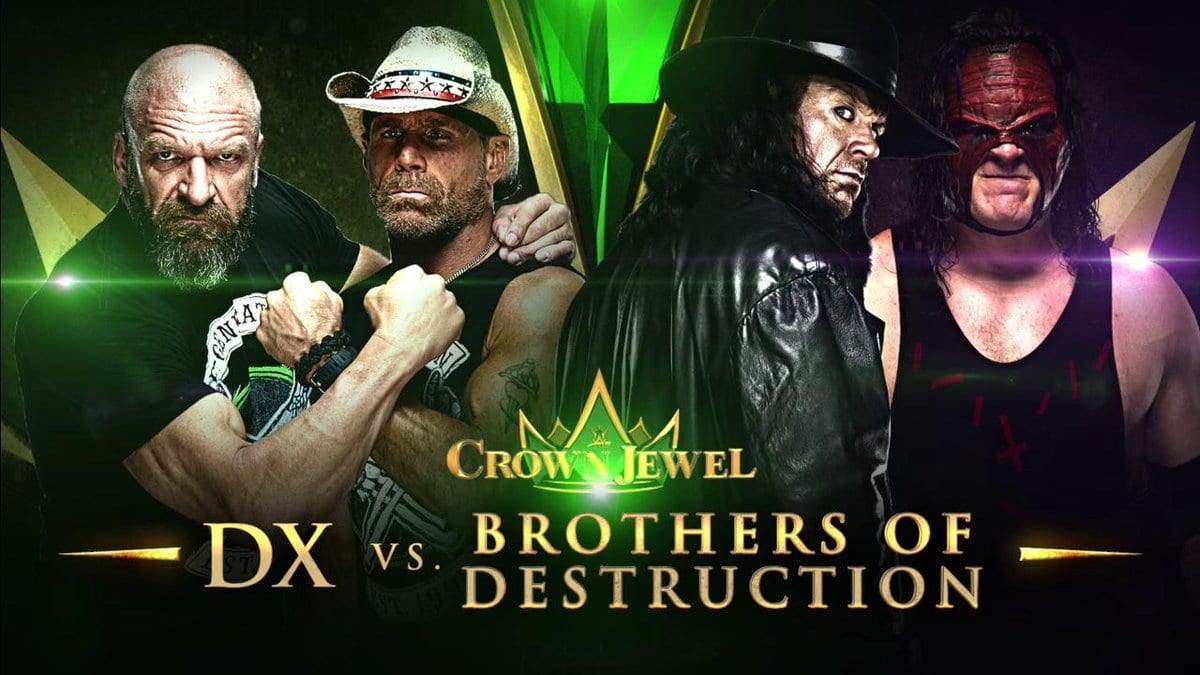 The Brothers Of Destruction (The Undertaker & Kane) vs. D-Generation X (Shawn Michaels & Triple H) - WWE Crown Jewel PPV Official WWE Graphic