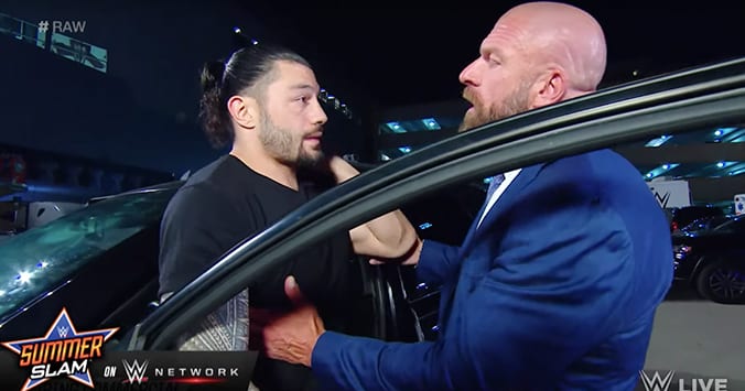 Triple H checks on Roman Reigns after car accident WWE RAW August 2019