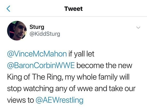 Baron Corbin Reacts To A Fan Saying He Would Stop Watching WWE & Start Watching AEW If Corbin Wins King Of The Ring