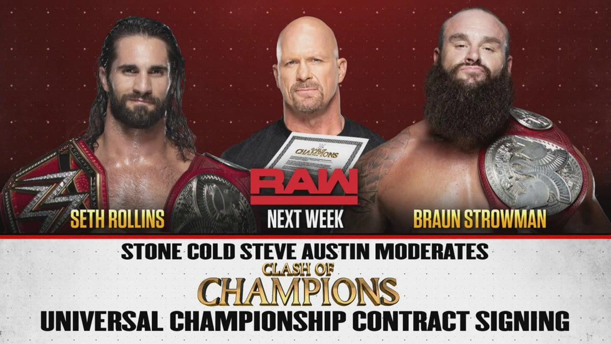 Stone Cold Steve Austin Seth Rollins Braun Strowman Contract Signing For WWE Clash Of Champions 2019 Universal Championship Match RAW MSG