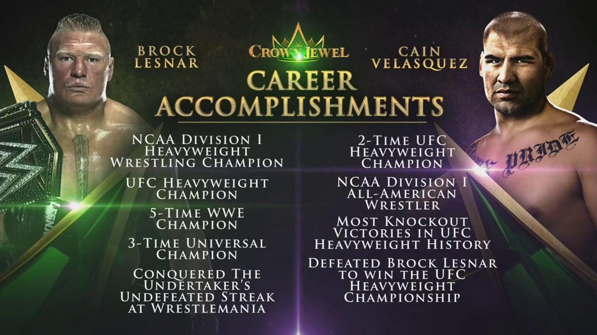 Brock Lesnar Cain Velasquez Career Accomplishments - WWE Crown Jewel 2019 Graphic