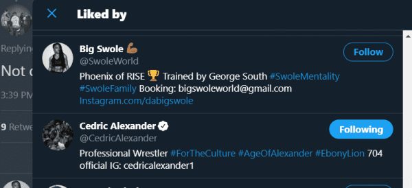 Cedric Alexander and Big Swole like Jordan Myles ACH's tweet