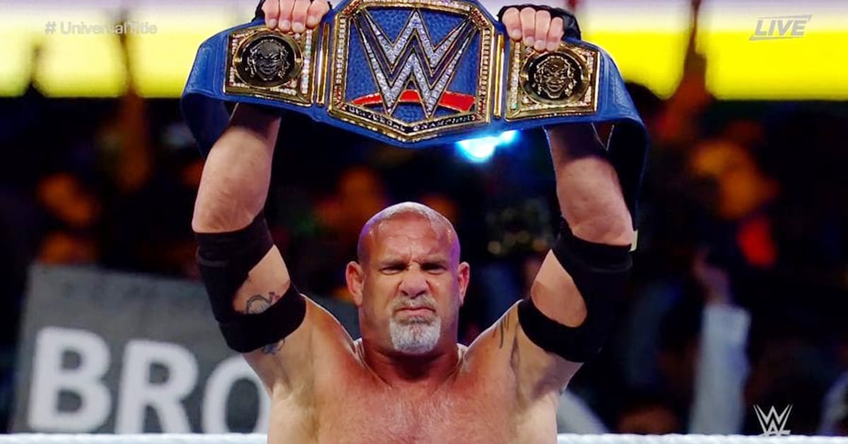 Goldberg Poses With The Universal Championship WWE Super ShowDown 2020