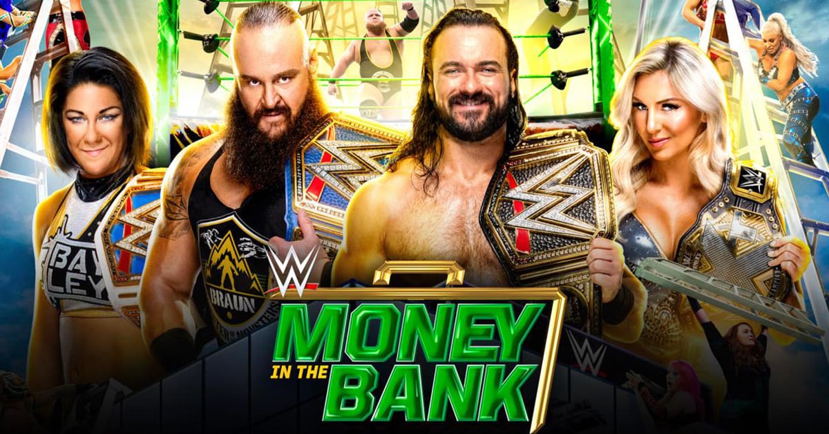 Bayley Braun Strowman Drew McIntyre Charlotte Flair WWE Money In The Bank 2020 Official Banner