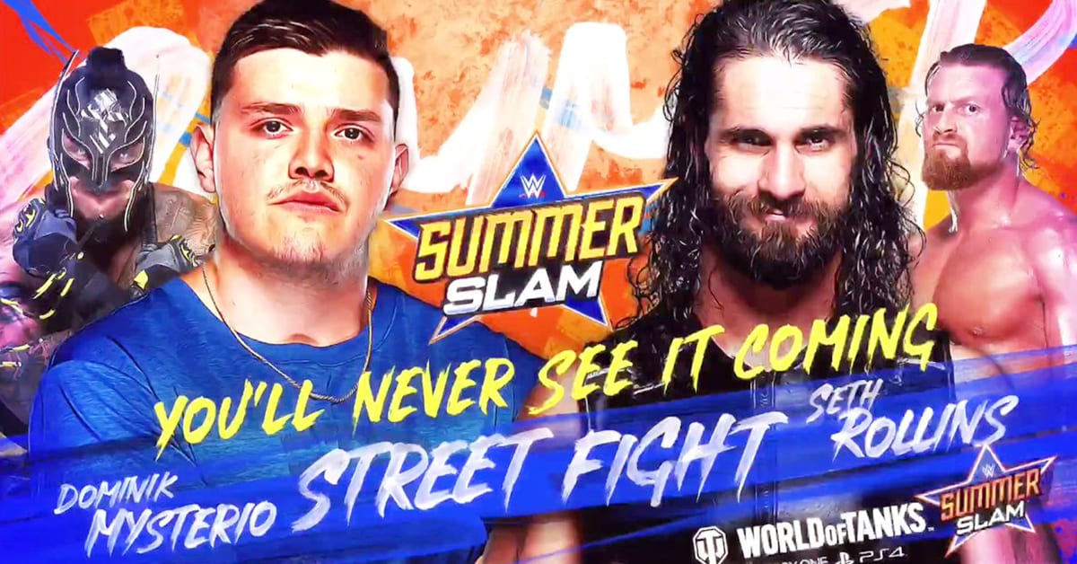 Dominik Mysterio (with Rey Mysterio) vs Seth Rollins (with Murphy) - WWE SummerSlam 2020 Street Fight Official Graphic