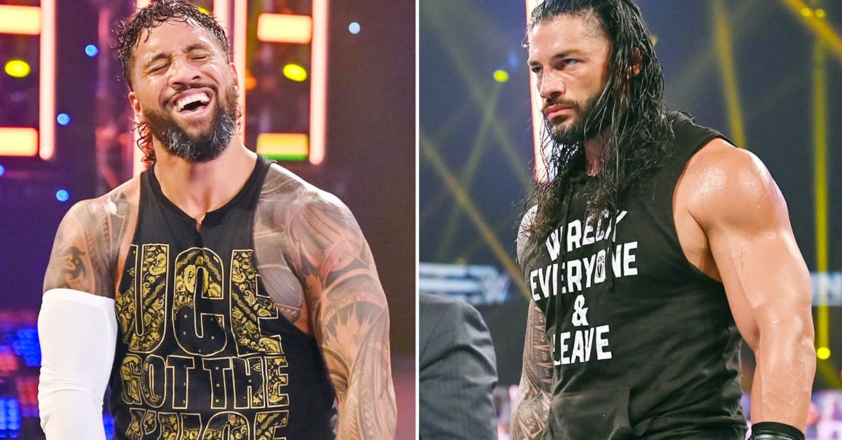 Jey Uso Laughing Smiling Roman Reigns Angry Muscular Arms