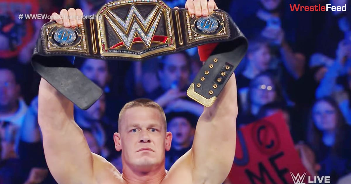 John Cena Posing With AJ Styles' WWE World Championship WrestleFeed App