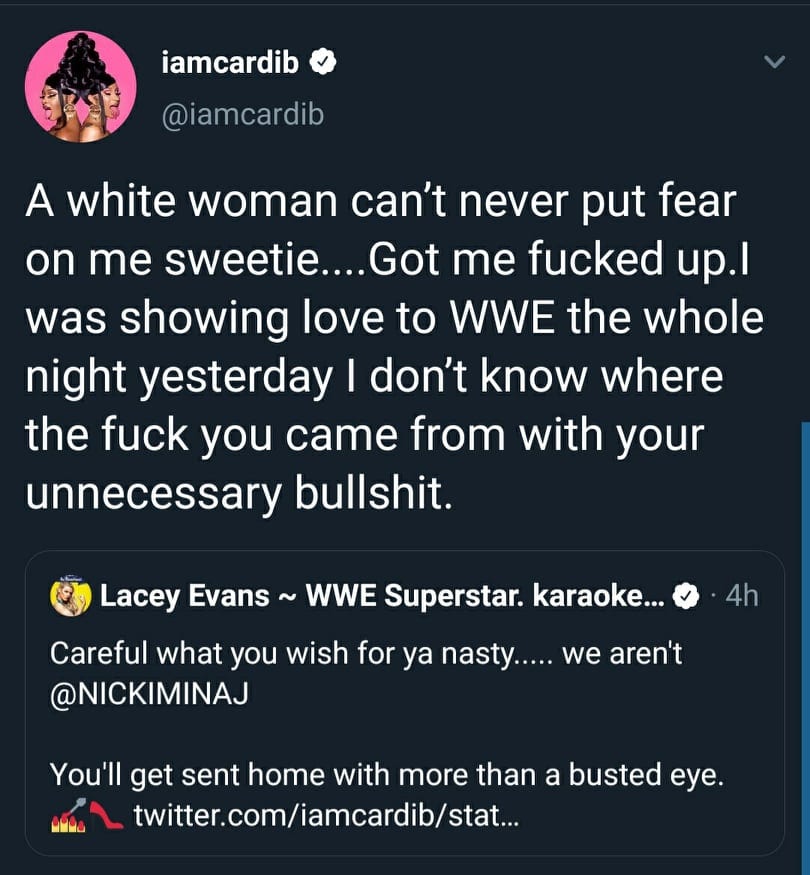 Cardi B shoots on Lacey Evans