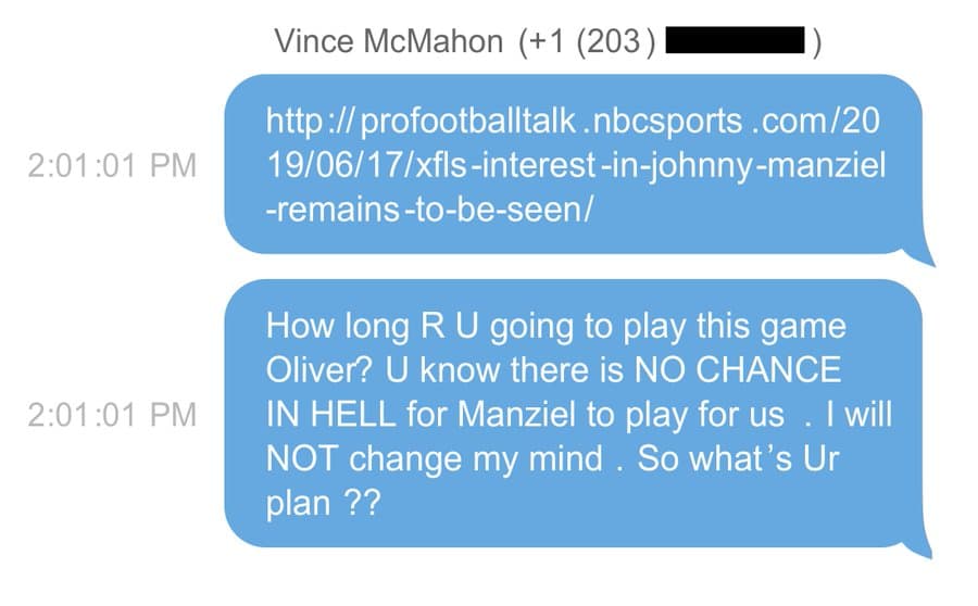 Vince McMahon Texted XFL Commissioner There Was No Chance In Hell For An XFL Signing