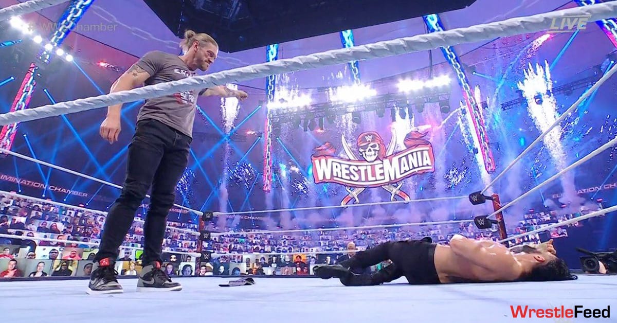 Edge Spears Roman Reigns At Elimination Chamber 2021 Points At WrestleMania 37 Sign Pyro WrestleFeed App