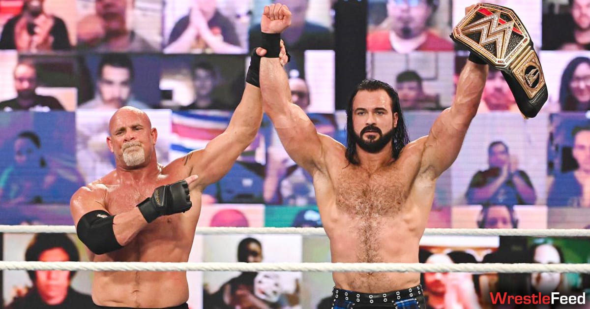 Goldberg puts over WWE Champion Drew McIntyre and raises his hand at Royal Rumble 2021 WrestleFeed App
