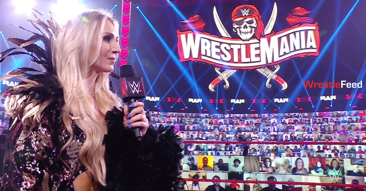 Charlotte Flair in front of WrestleMania 37 sign on RAW WrestleFeed App