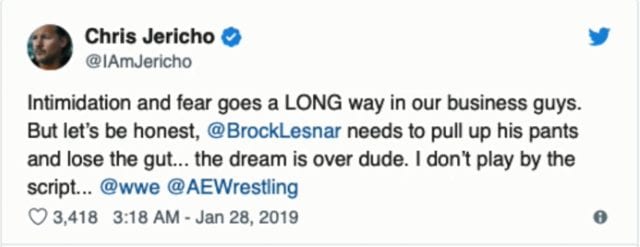 Chris Jericho calls Brock Lesnar fat and tells him to lose the gut on Twitter