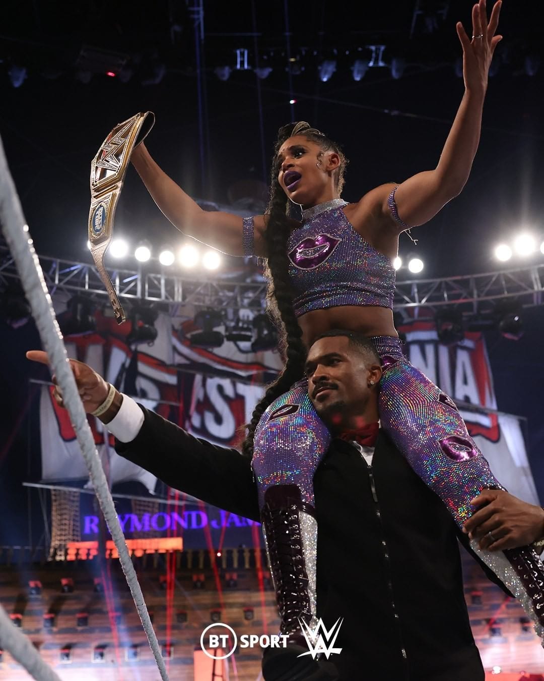 Montez Ford Celebrates With Bianca Belair After WrestleMania 37 Main Event