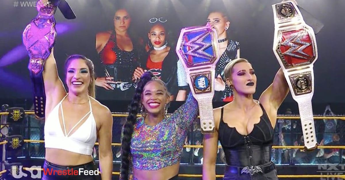 Raquel Gonzalez NXT Women's Champion Bianca Belair SmackDown Women's Champion Rhea Ripley RAW Women's Champion WrestleFeed App