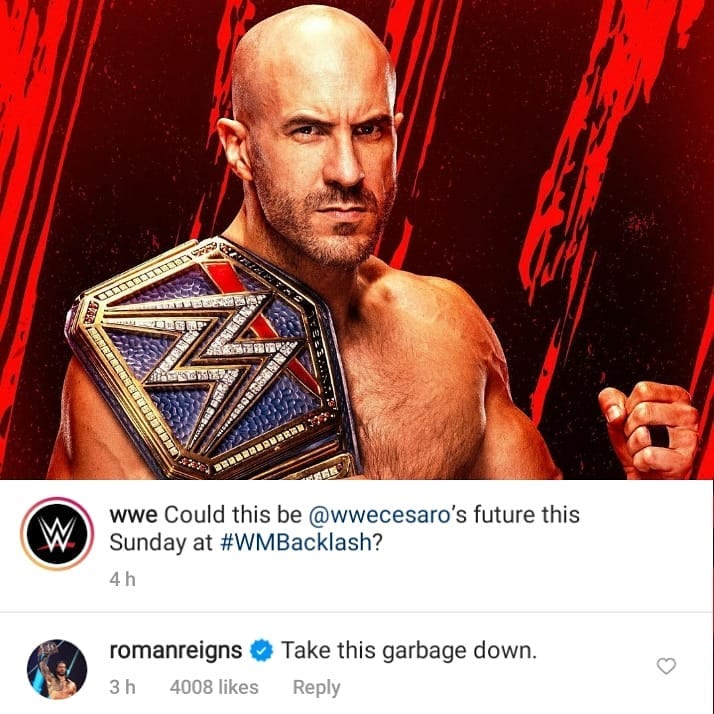 Roman Reigns tells WWE to take this garbage down on photo of Cesaro with the Universal Championship