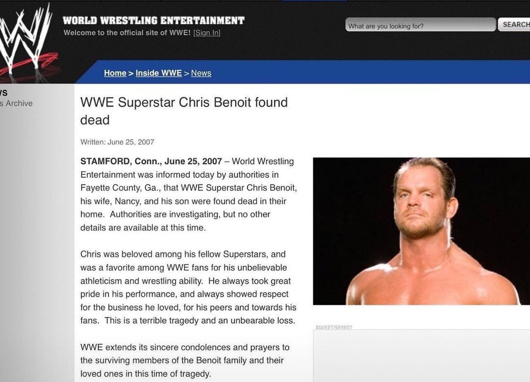 Chris Benoit Death Article WWE.com June 24 25 2007