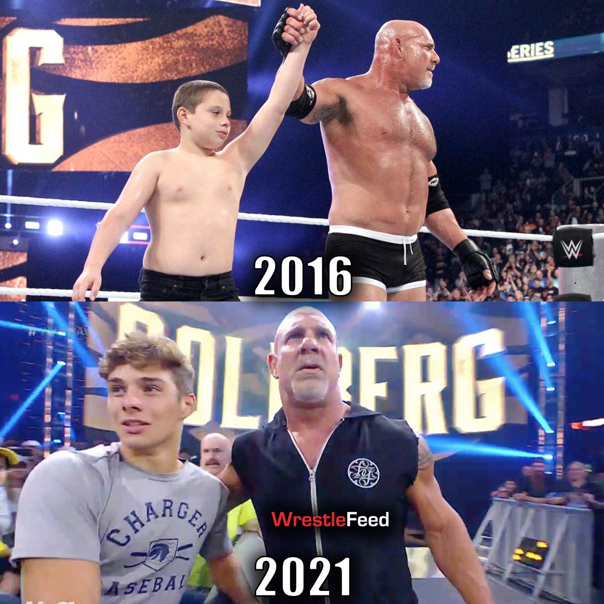 Goldberg and his son then and now 2016 2021 WWE WrestleFeed App