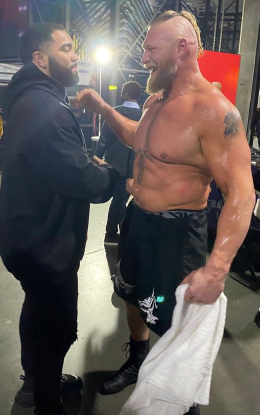 Gable Steveson congratulates Brock Lesnar after WWE Championship win backstage at the Day 1 PPV January 2022
