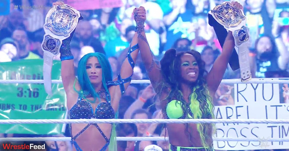 Sasha Banks Naomi win WWE Women's Tag Team Championship at WrestleMania 38 WrestleFeed App