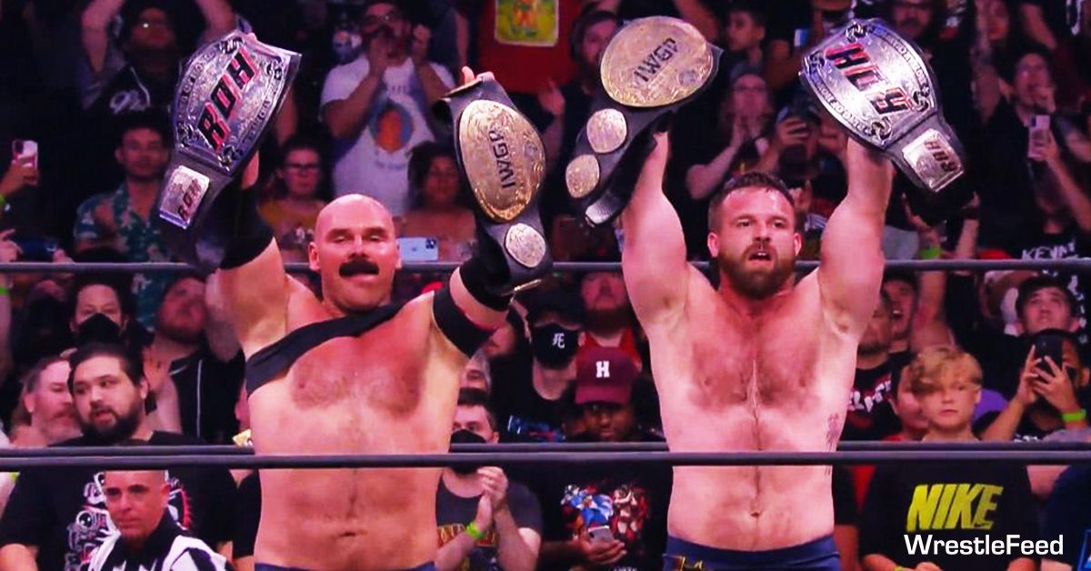 ROH Tag Team Champions FTR Dax Harwood Cash Wheeler Win IWGP World Tag Team Championship AEW x NJPW Forbidden Door PPV WrestleFeed App