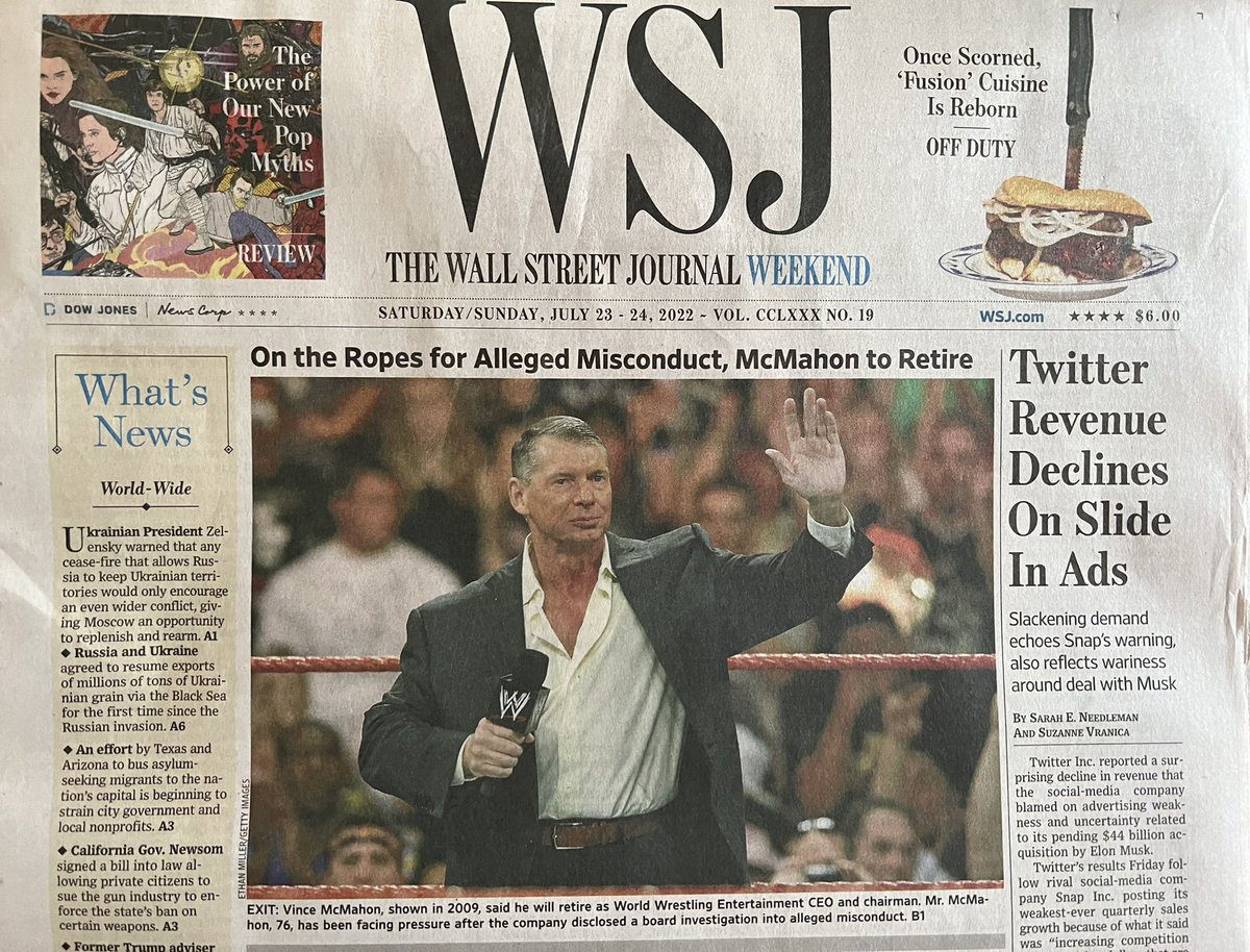 Vince McMahon Featured On The Cover Of Wall Street Journal For Misconduct WWE Retirement