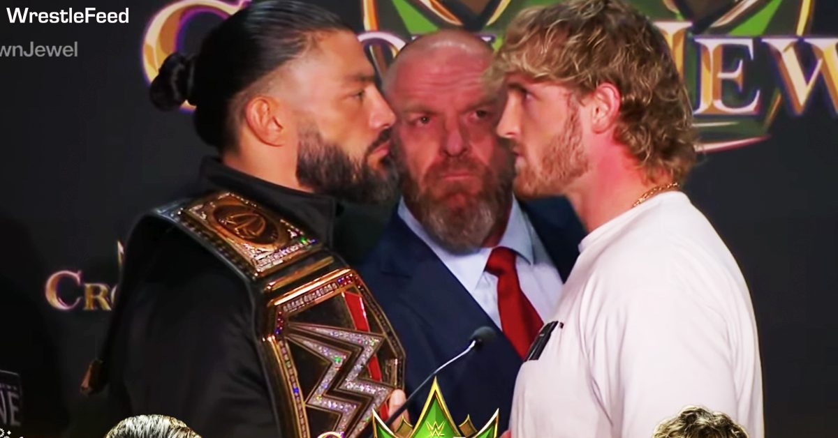 Roman Reigns Logan Paul Triple H Face Off WWE Crown Jewel 2022 Press Conference WrestleFeed App