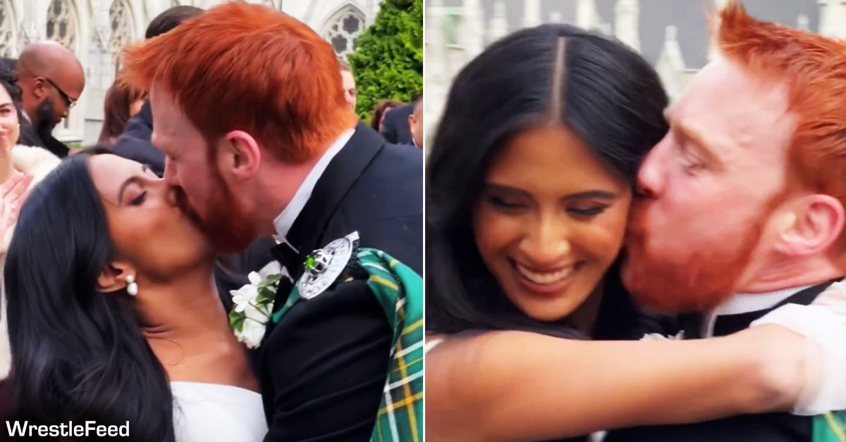 WWE star wrestler Sheamus kisses his wife Isabella Revilla at their wedding WrestleFeed App