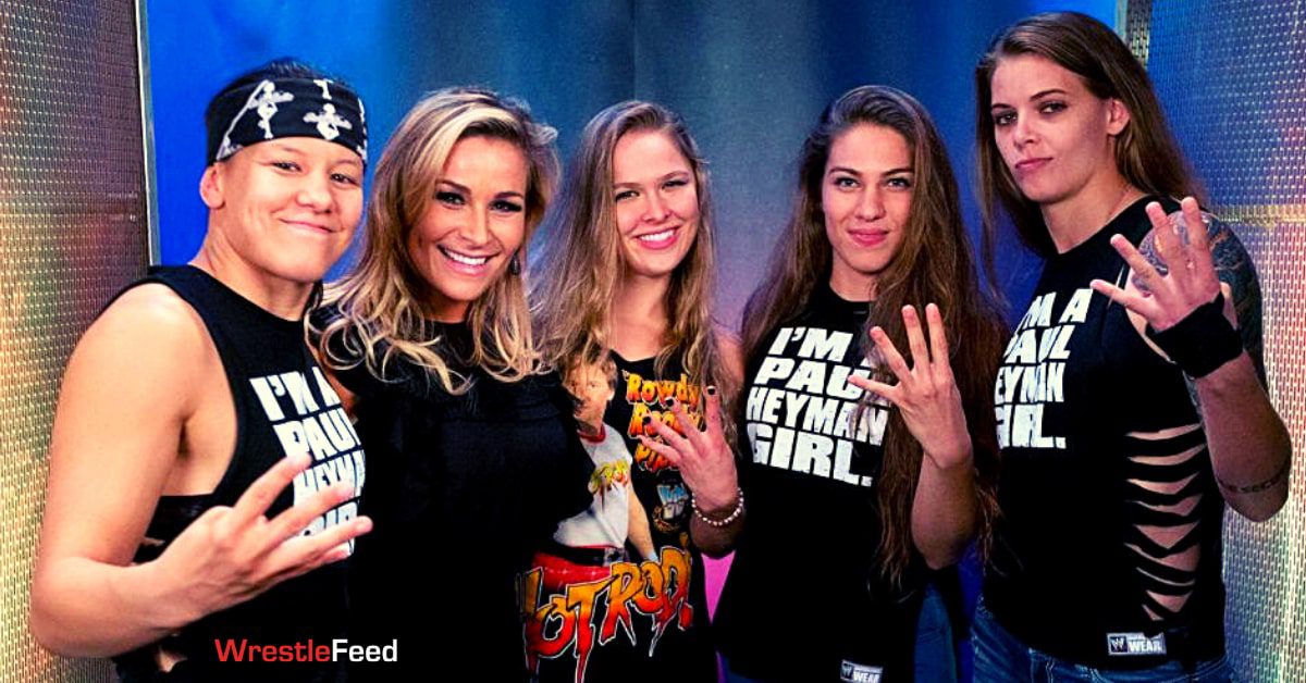 4 Horse Women Of MMA UFC Ronda Rousey Shayna Baszler Marina Shafir Jessamyn Duke and Natalya backstage at WWE SummerSlam WrestleFeed App