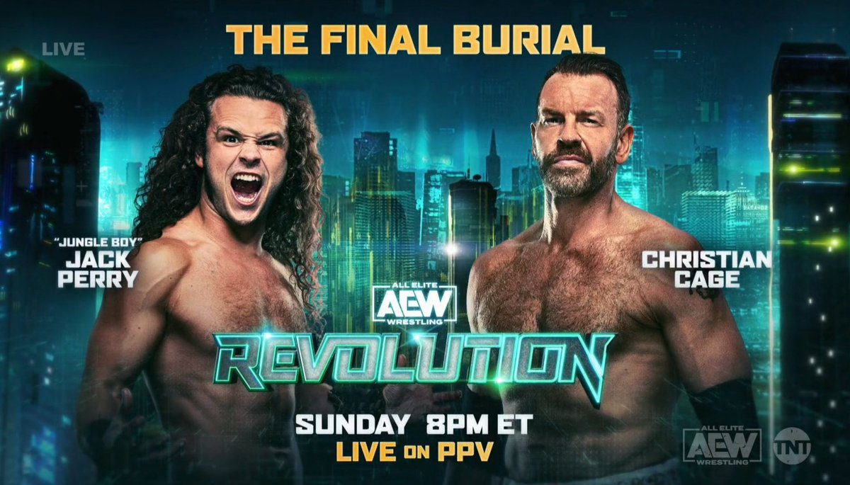 Jungle Boy Jack Perry vs Christian Cage The Final Burial Match AEW Revolution 2023 Match Graphic