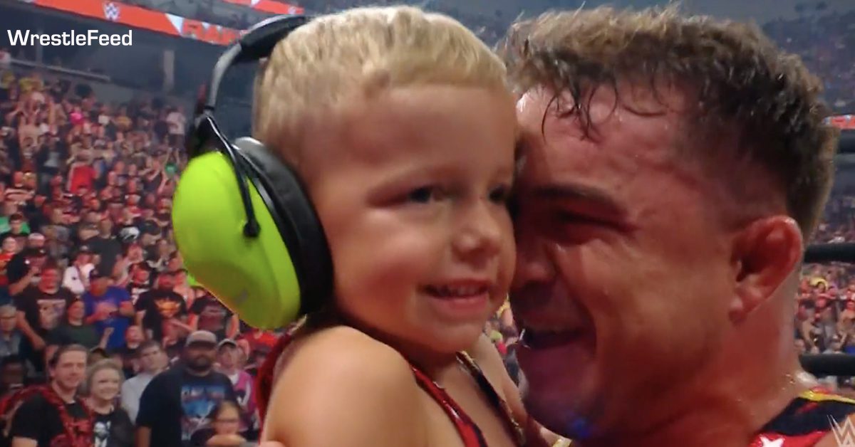 Chad Gable celebrates with his son emotional happy smiling face WWE RAW August 7 2023 WrestleFeed App