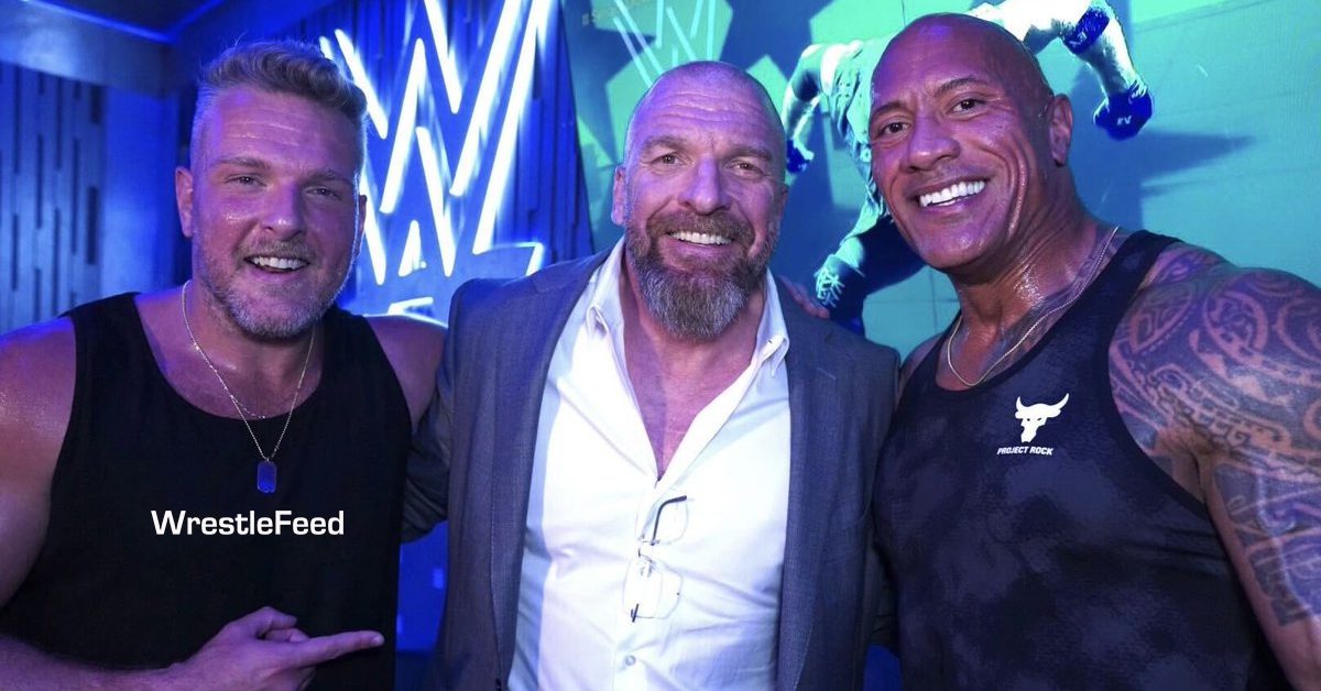 Pat McAfee Triple H The Rock Dwayne Johnson Reunite Backstage WWE SmackDown Return September 15 2023 WrestleFeed App