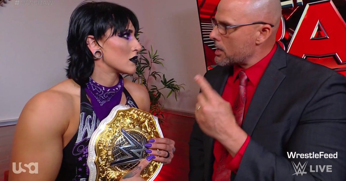 Rhea Ripley Women's World Champion Shocked Face Adam Pearce WWE RAW October 16 2023 WrestleFeed App