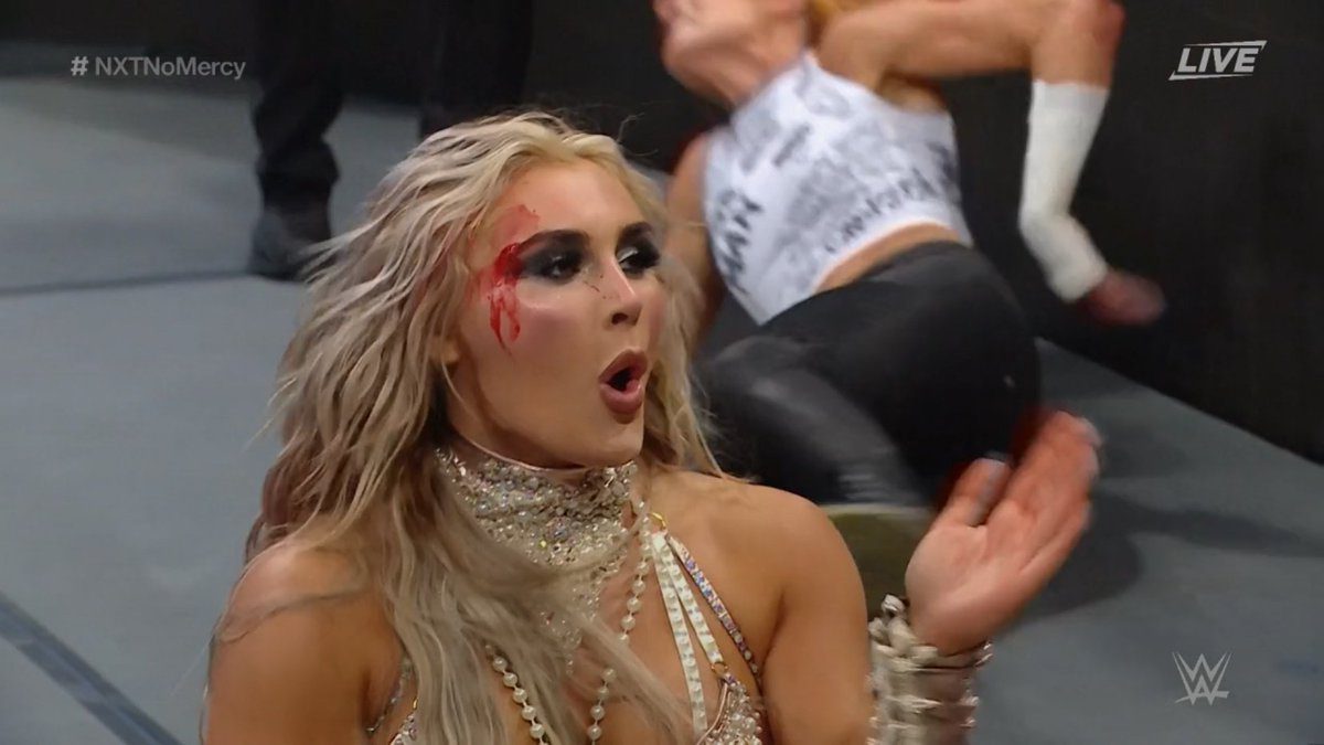 Tiffany Stratton Busted Open Bleeding Blood WWE NXT No Mercy 2023 Extreme Rules Match Against Becky Lynch Main Event