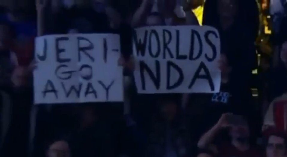 Jeri Go Away Worlds NDA Sign Chris Jericho AEW Worlds End 2023 PPV