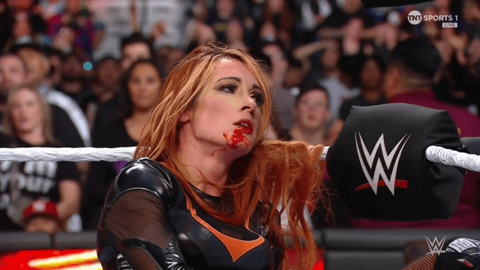 Becky Lynch bleeding from the mouth after loss to Nia Jax on WWE RAW Day 1 2024