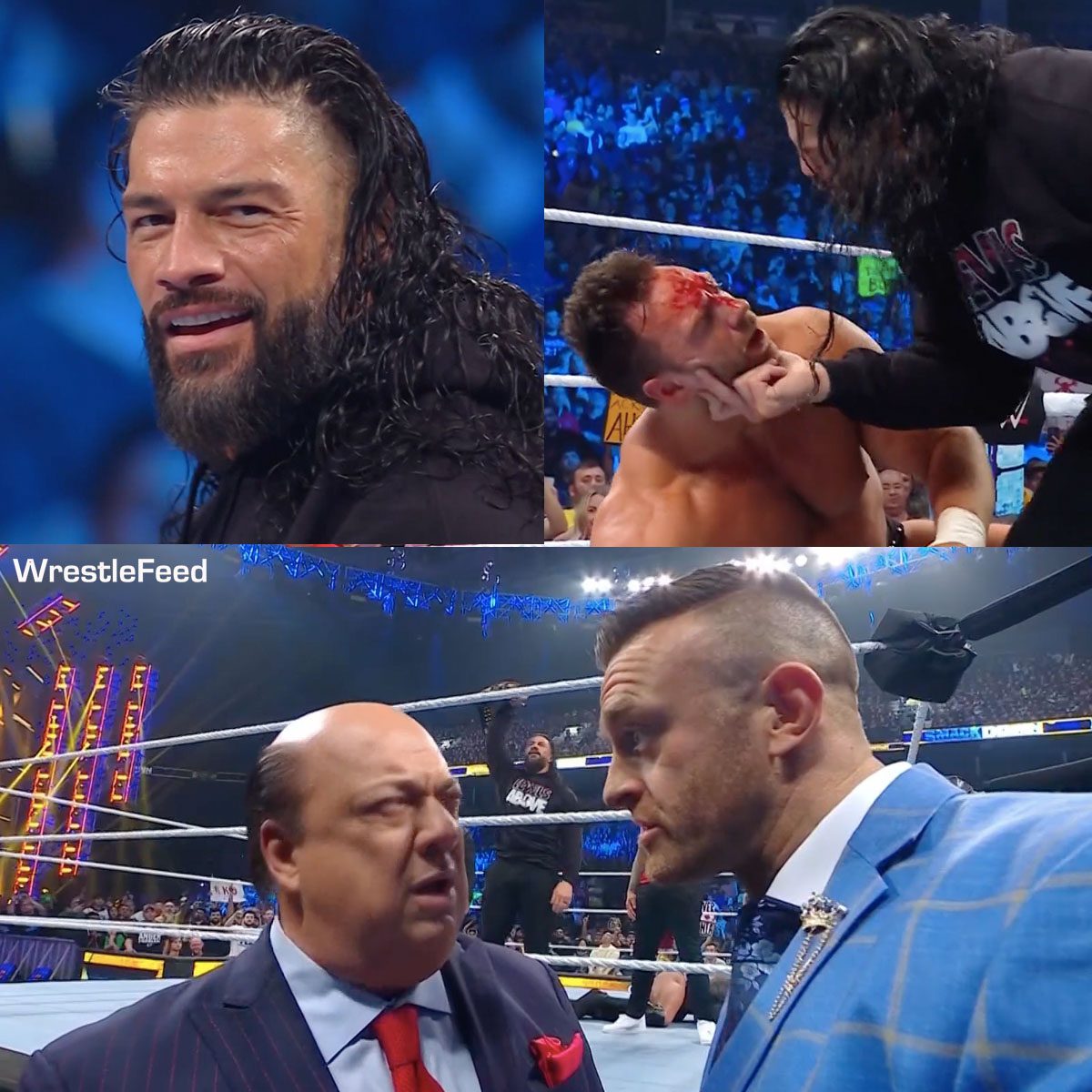 LA Knight Busted Open Bleeding Blood Roman Reigns Paul Heyman Nick Aldis WWE SmackDown New Year's Revolution 2024