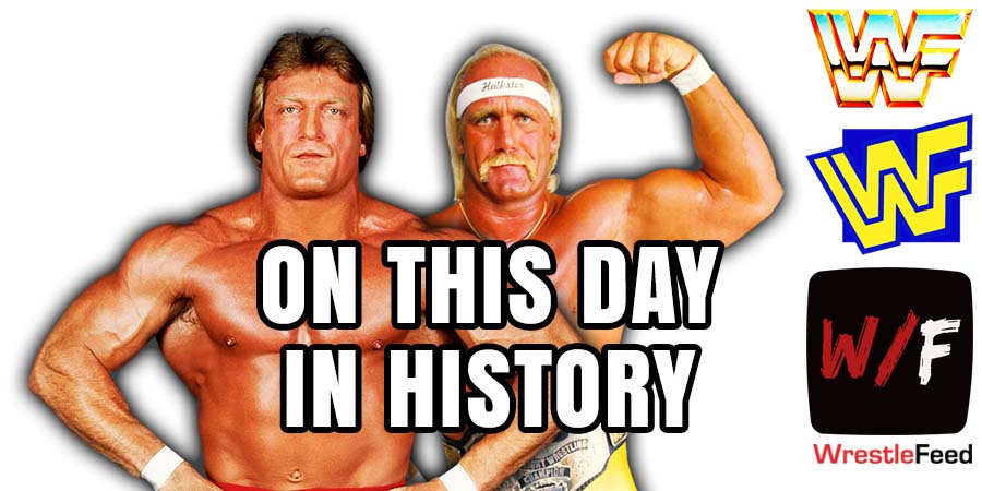 On This Day In Wrestling History Article Pic Paul Orndorff And Hulk Hogan WWF Champ WrestleFeed App