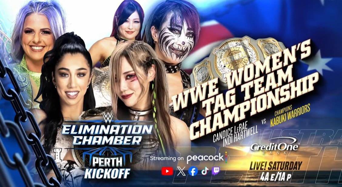 Kabuki Warriors Asuka Kairi Sane vs Indi Hartwell & Candice LeRae Women's Tag Team Championship Match WWE Elimination Chamber 2024 Kickoff Show