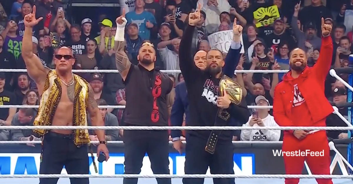 The Rock Dwayne Johnson Joins The Bloodline Solo Sikoa Undisputed WWE Universal Champion Roman Reigns Paul Heyman Jimmy Uso SmackDown February 16 2024 WrestleFeed App