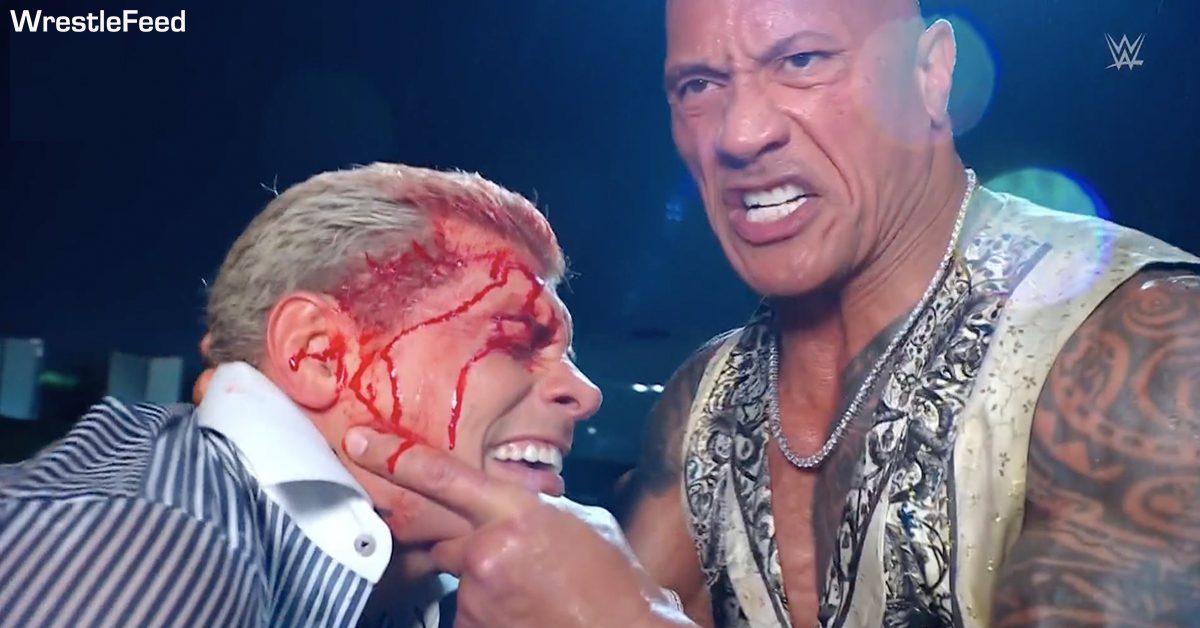 The Rock Dwayne Johnson Attacks Cody Rhodes Busted Open Bleeding Blood WWE RAW March 25 2024 WrestleFeed App