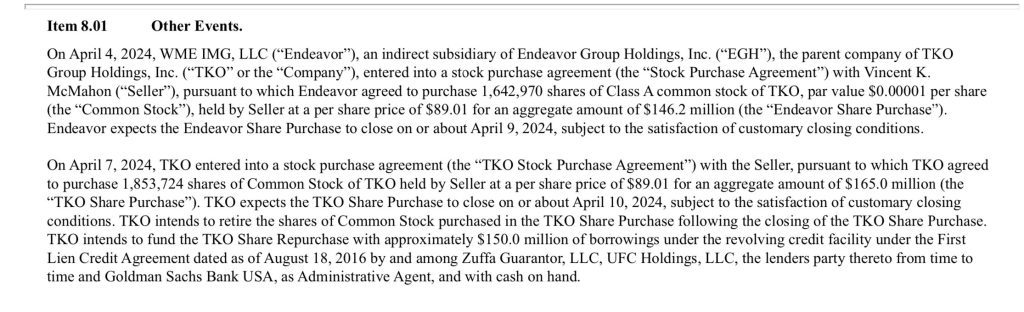 TKO and Endeavor are buying shares from Vince McMahon