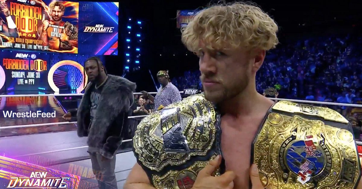 Will Ospreay poses with AEW World Championship and International Championship Dynamite June 12 2024 WrestleFeed App