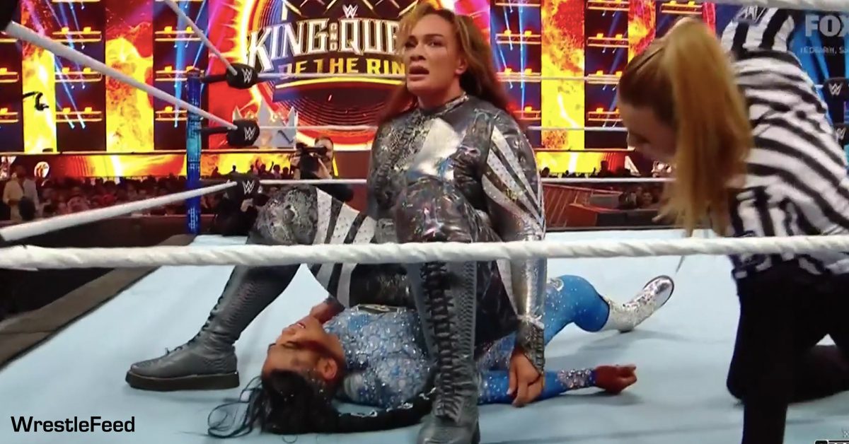 Nia Jax Sits On Bianca Belair Finishing Move Banzai Drop Queen Of The Ring 2024 Tournament WWE SmackDown Saudi Arabia WrestleFeed App