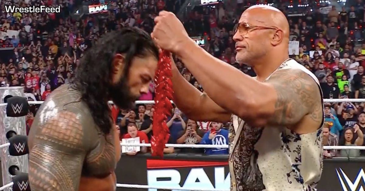 The Rock Dwayne Johnson Puts The Ula Fala Around Roman Reigns Neck WWE RAW Netflix Premiere January 6 2025 WrestleFeed App