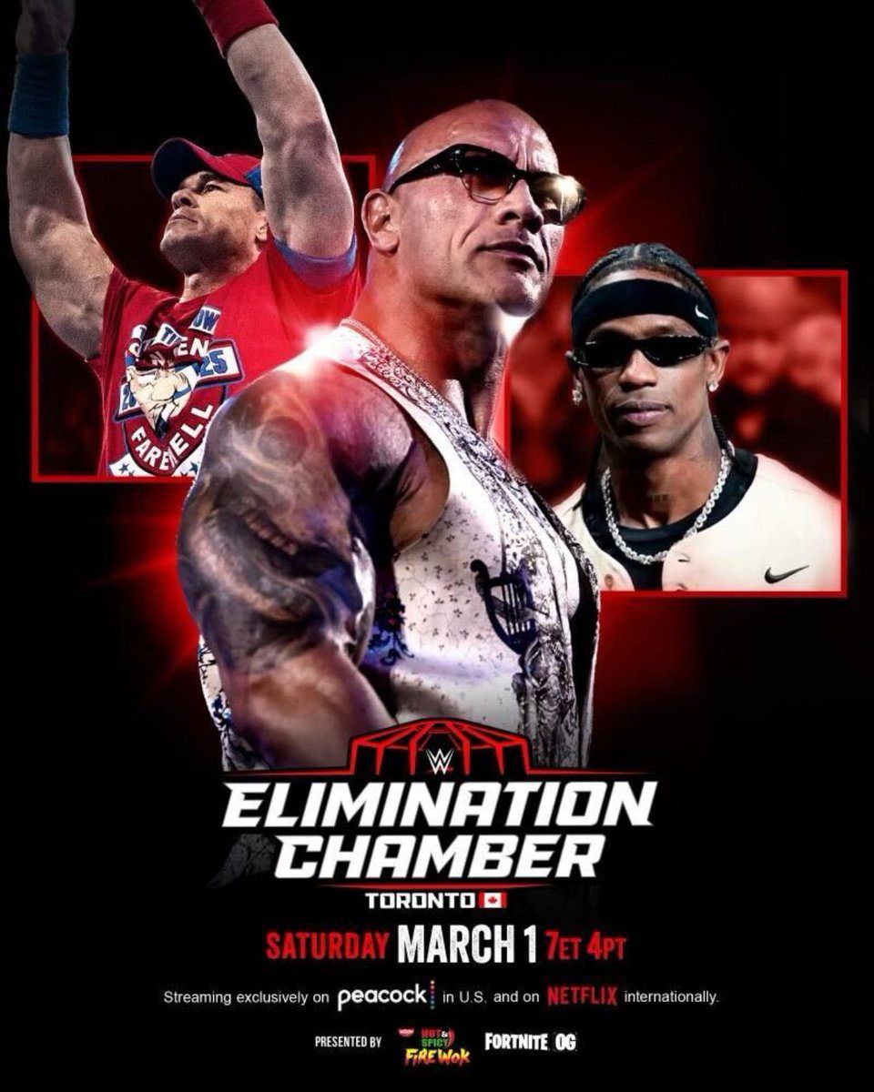 The Rock Dwayne Johnson John Cena Travis Scott Elimination Chamber 2025 Poster